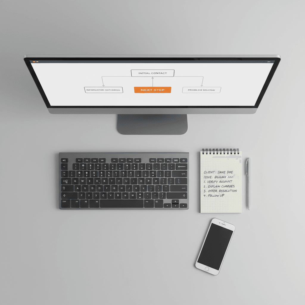 Desk setup with next-step prompt on screen