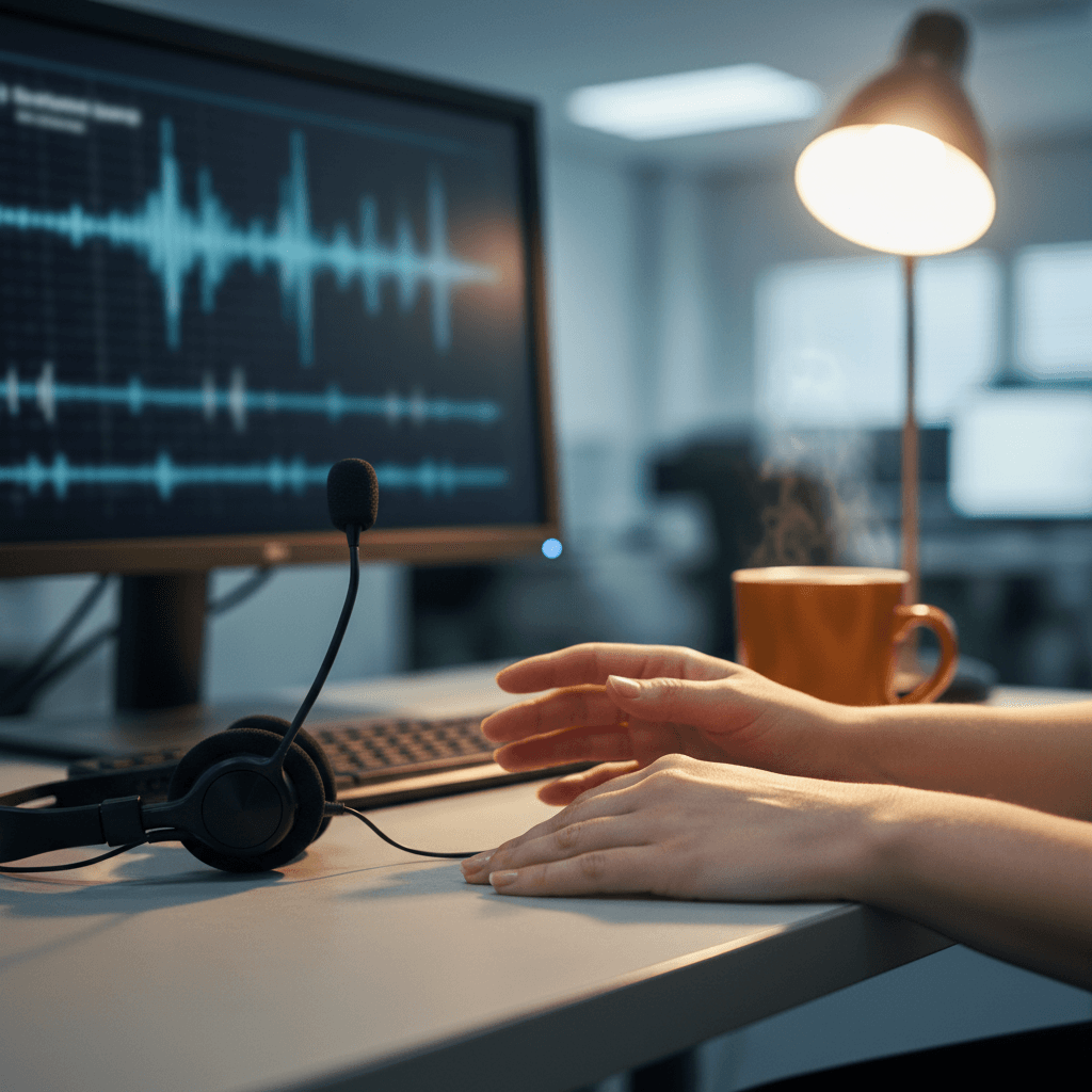 Agent workspace with headset and computer showing speech analytics data