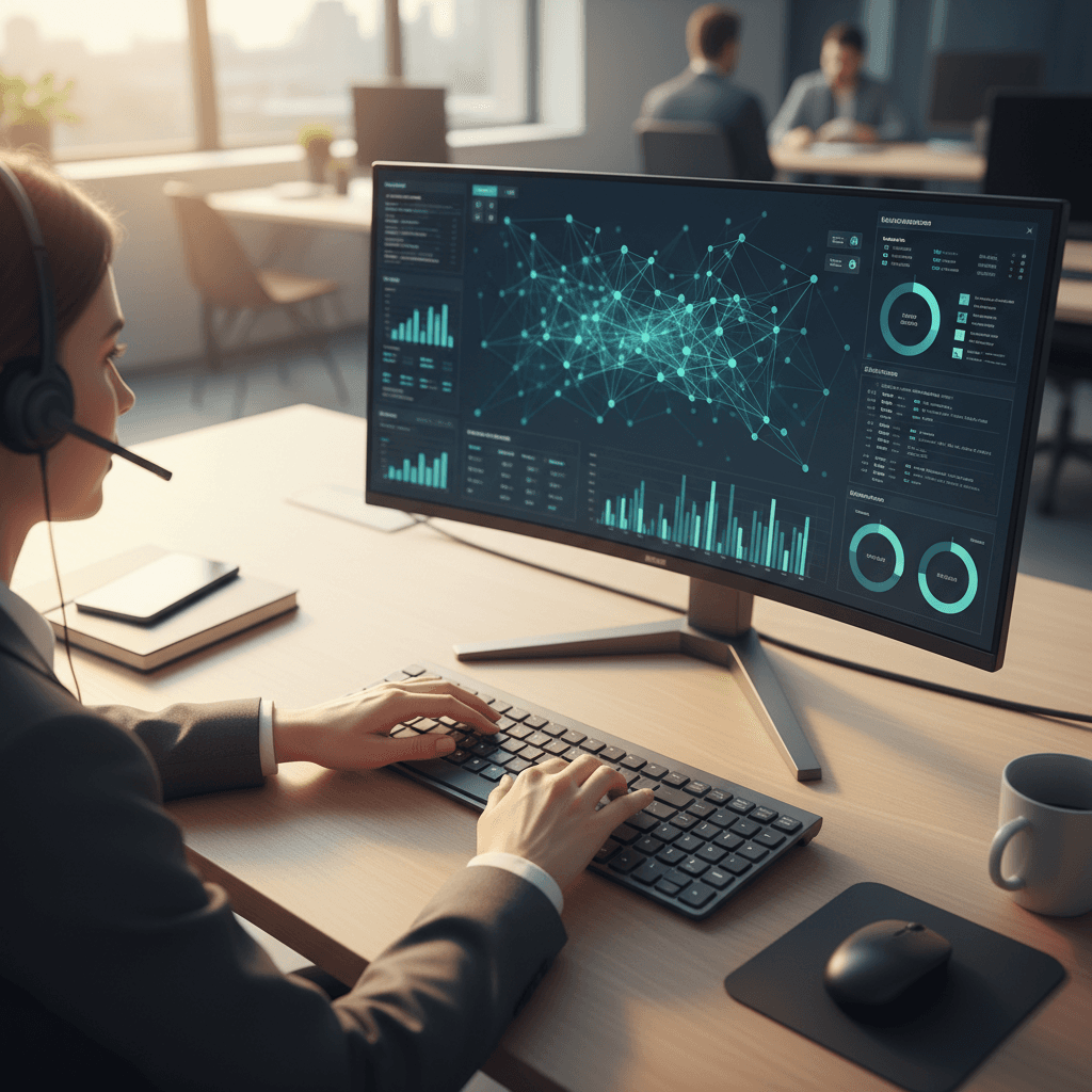 Contact center agent reviewing analytics on screen
